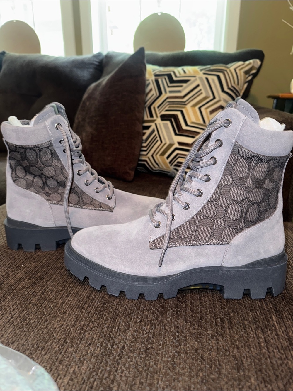 Coach Gray Suede & Signature Canvas Lace-Up Lug Boots